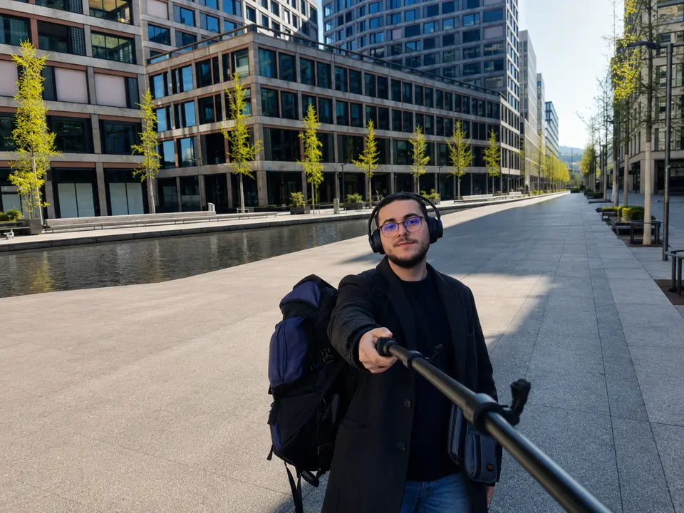 Yiğit Okur standing on a canal-side plaza in Zürich, framed by glass office buildings and young ginkgo trees.
